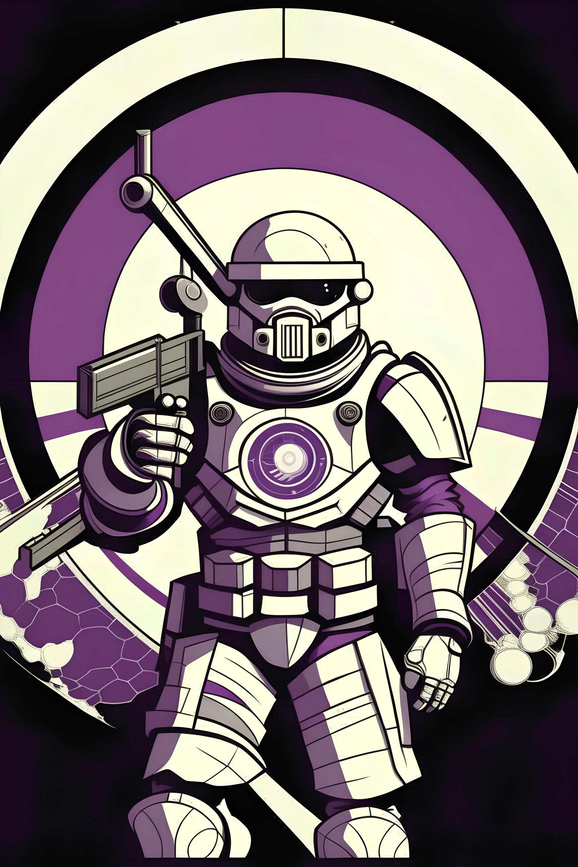 propaganda poster of a totalitarian futurist power armour wearing soldier holding a purple flag with an eye surrounded by 4x3 white circling stripes 20 cm away from the eye then 4cm away from eachother encased within a white circle and a globe in the eye flag talking about doing your part, for order against chaos in a battle