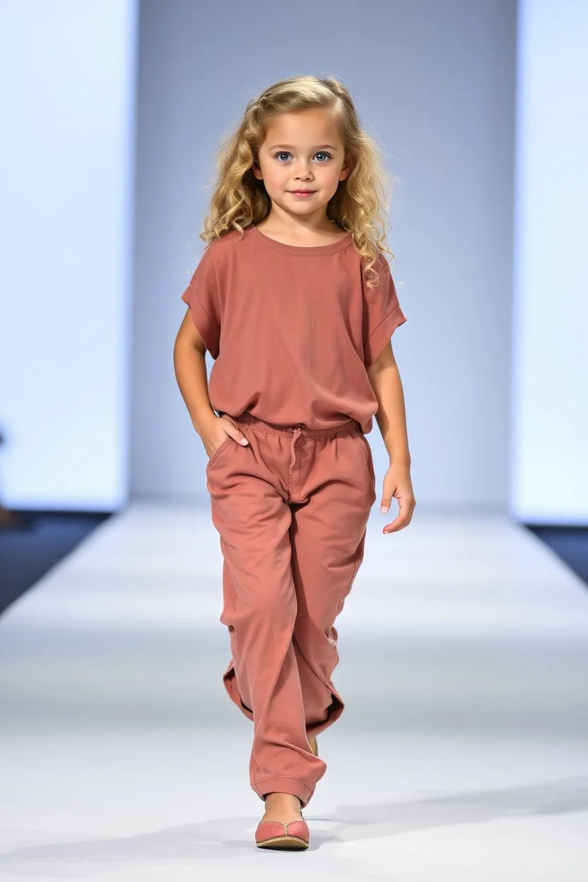 2 years old beautiful baby blue eyes girl fashion model in loose pants and loose top with blonde curvy wavy hair ,cat walks in runway,catwalk and pose at end with cute