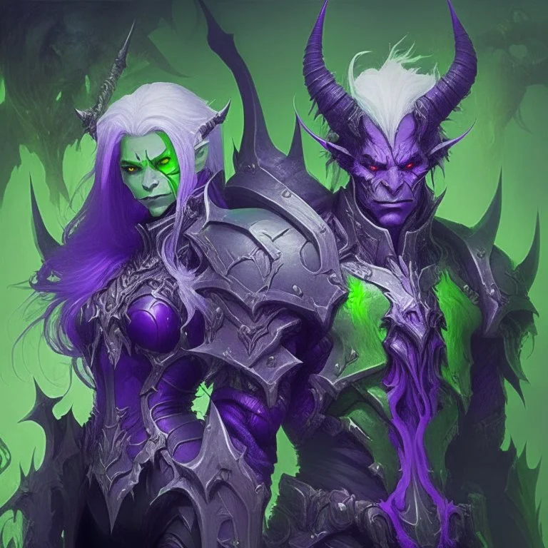 Demonio hermoso de armadura morada y verde con cabello blancos posando junto con un demonio de armadura negra y verde