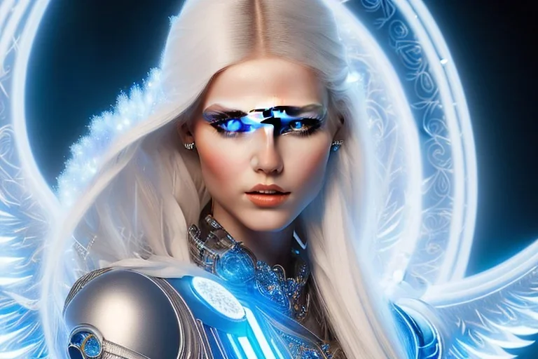 A beautiful portrait of a cute smiling cyber woman with wings, long blond platinum hair, luminous blue eyes, high key lighting, volumetric light high details with blue and white stripes and feathers and white luminous celtic paterns, beam starry background