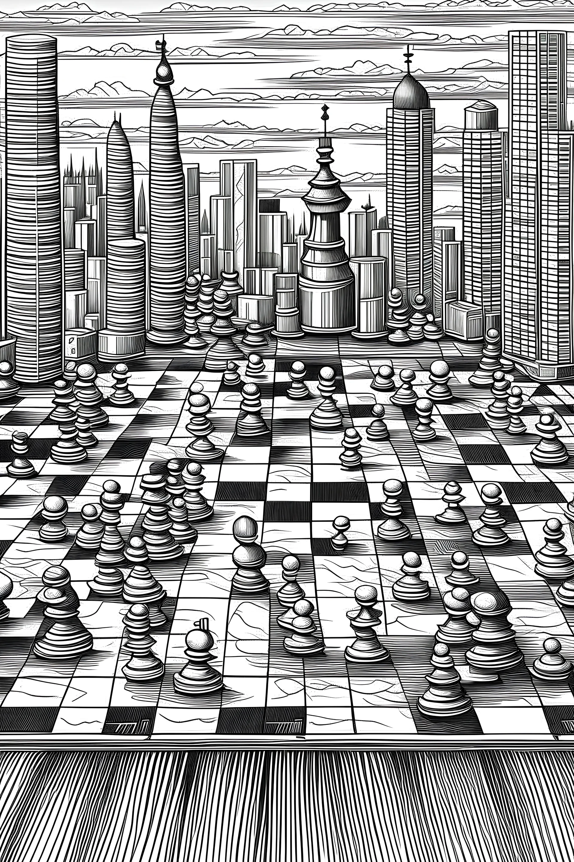 Draw a city called eutropia containing black and white take idea from a chess board and write the name using typography