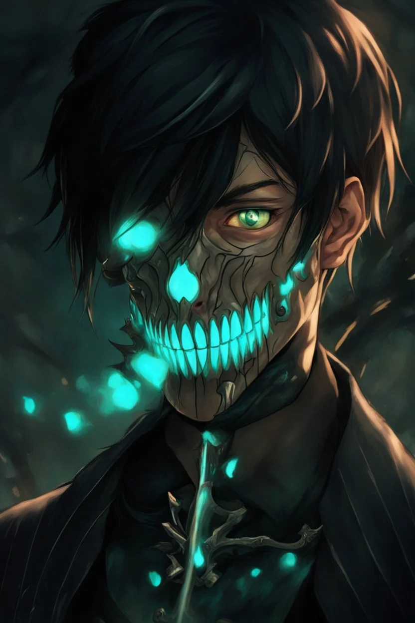fantasy art, young male, half-elf, noble, half skull mask, pale skin color, cemetery background