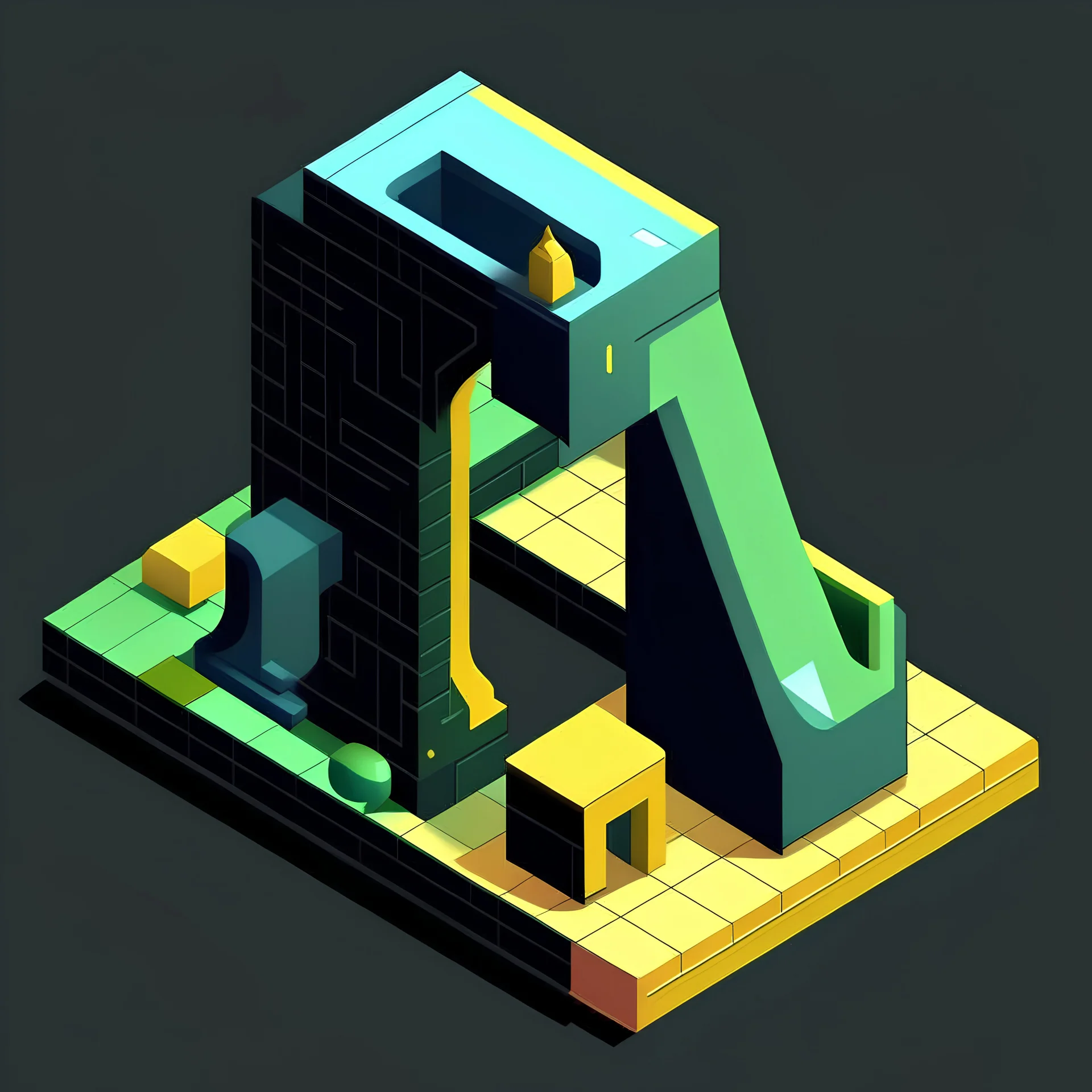 create a alphabetical latter "A" into cartoonist style model isometric top view for mobile colors render style library style DARK COLOR