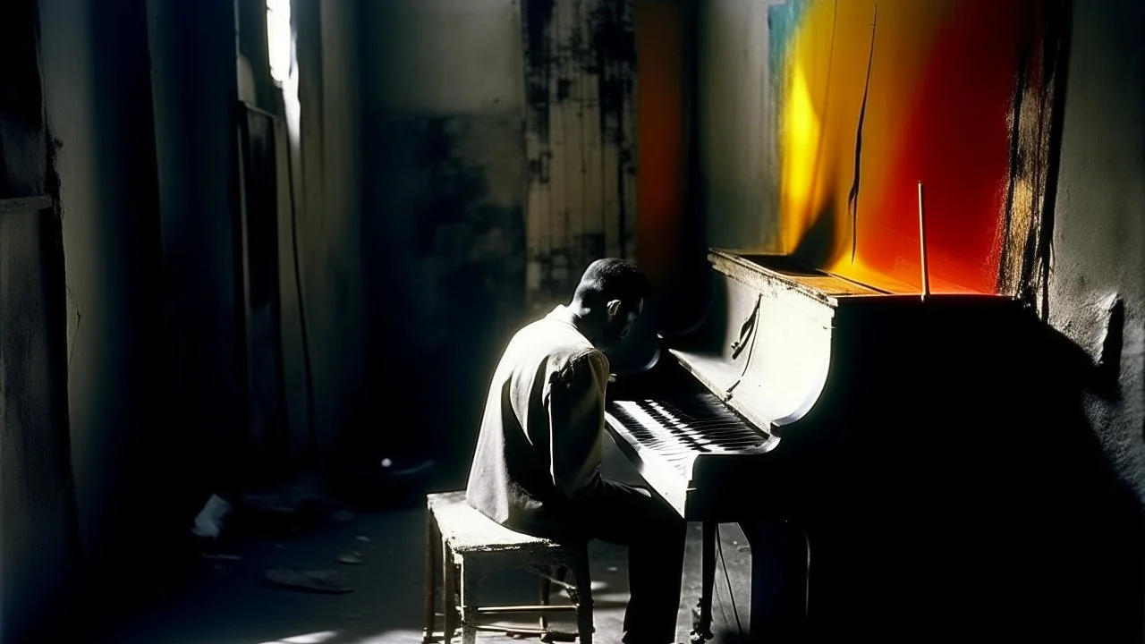 abstract painting, jazz pianist, Fragments of Forgotten all the sins in outskirts, use flat bright colors displayed art, Charcoal, Metallic Ink: merging into walls of shadow., refugees, conformity, Analogue film photo, , 1950s, candid, retro analog, 35mm film, film grain, minimalist