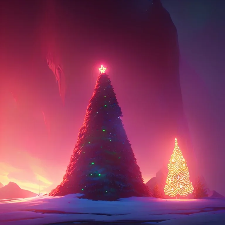 Christmas tree inside a volcano with donuts on the tree, hyper realistic, photography, rays, amazing lighting