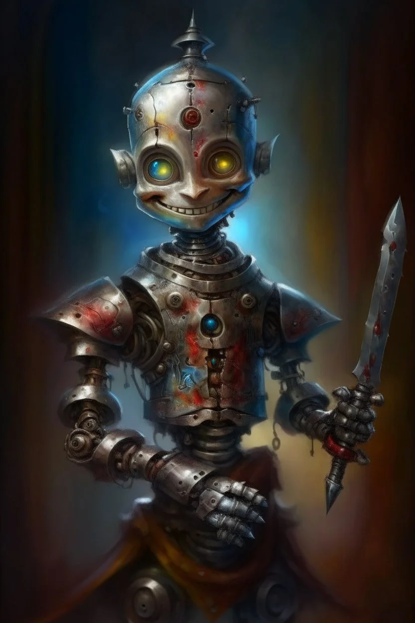 oil painting portrait of smirking robot vampire holding magical dagger, bokeh , high detail, smooth render, prize winning