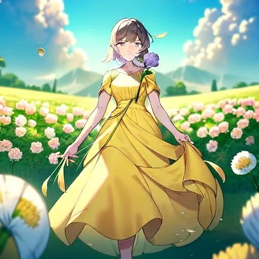 anime girl holding on to a dried dandelion flower and blowing the dried seeds into the air as the wind carries them away. outdoors scene.anime girl standing in a meadow of flowers. thw wind is blowing flower pedals into the wind. girl wearing yellow dress. more emphasis on seeds floating in the air. lots of seeds floating the air. lots of flower pedal floating the air behind the girl