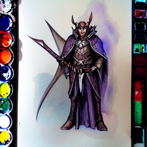 dnd, fantasy, watercolour, portrait, ilustration, elf, dark lord, armour, satanic