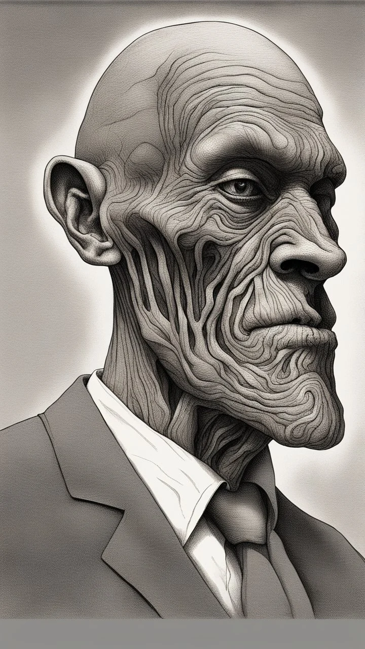 𝙋𝙧𝙤𝙢𝙥𝙩 highly detailed graphite illustration, A surreal evil face figure with exaggerated anatomical features, heavily wrinkled skin, and an intense, contemplative expression. bald head, thick eyebrows, long beard merge into swirling abstract shapes. Large, expressive hands, one covering the mouth and the other gripping the forehead tensely. Mysterious, introspective, dreamlike, somewhat dark fantasy. #𝙙𝙧𝙚art #prompt