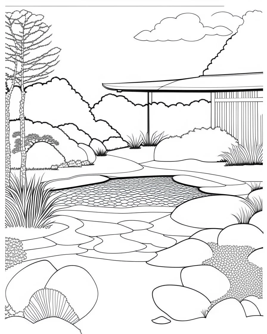 coloring pages: Zen garden design: A coloring image featuring a peaceful Zen garden scene, complete with raked patterns, stones, and bonsai trees. This image can help people immerse themselves in the art of coloring while finding solace in the tranquility of a Zen garden.