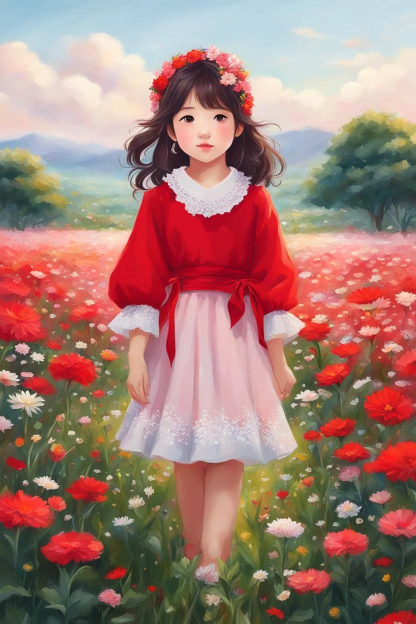 a little girl standing in a field of flowers, girl standing in flower field, girl standing in a flower field, realistic cute girl painting, by Lü Ji, girl walking in flower field, portrait of girl in flower field, girl frontal in a flower field, girl wears a red dress, portrait anime girl, cute detailed artwork, korean artist, kawaii realistic portrait