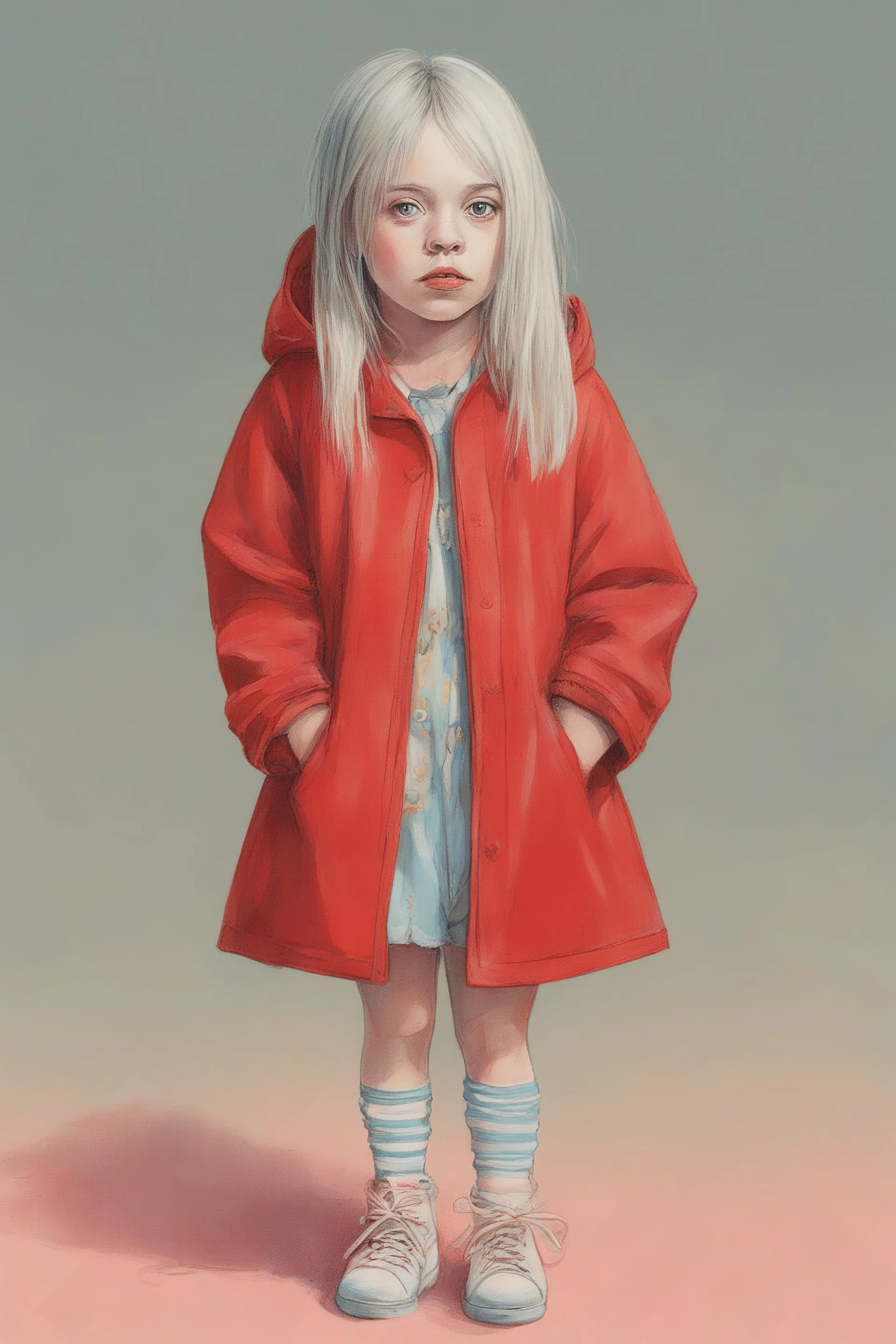 Illustration of billie eilish, as toddler,,at the circus,, 1970s, red raincoat style of Marcel Marlier, pastel colors