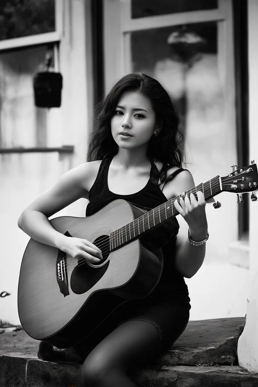 beautiful woman playing acoustic guitar in mid west blck and white old photto