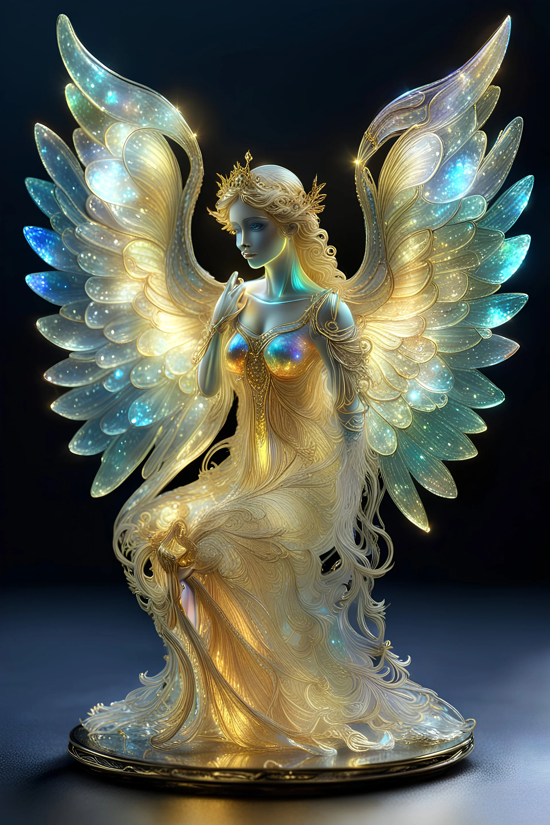 extremely delicate iridescent Angel made of glass, sitting, video game style, translucent, tiny golden accents, beautifully and intricately detailed, ethereal glow, whimsical, art by Mschiffer, best quality, glass art, magical holographic glow\\n, Broken Glass effect, no background, stunning