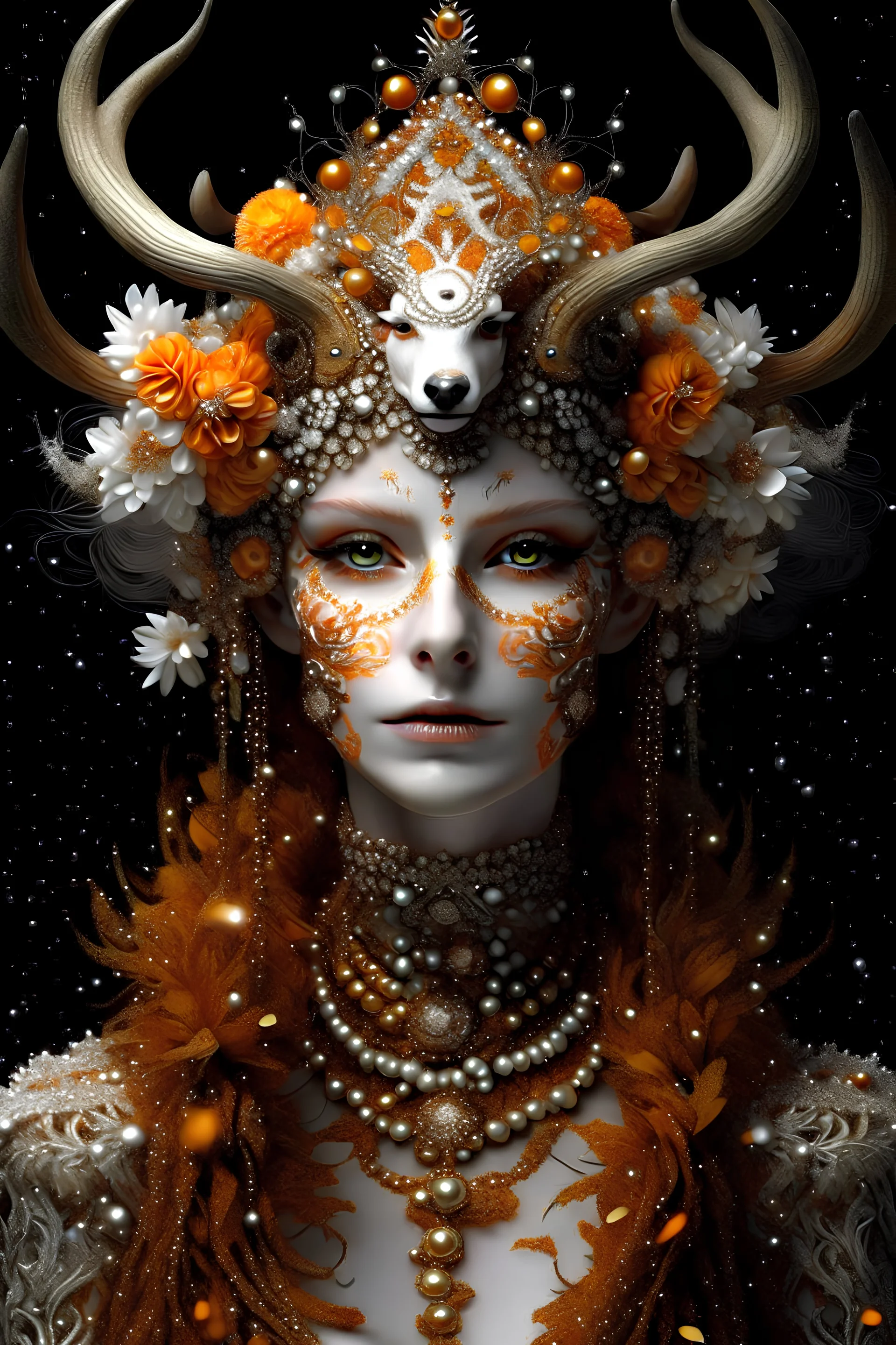 Woman humanoid reindeer queen portrait with extremely textured skin and Golden dust white floral crown and fur, adorned with white and light ginger berry colour snowy leaves and snow flblack. Orchid with small seapearls ornate crystal lace, wearing pearl black lace effect Halloween costume and masque Organik bio spinal ribbed detail of snowy orange candle athmoshpheric full. Ornate floral background white spider web and a pumpkin around extremely detailed hyperrealistic maximálist concept ar