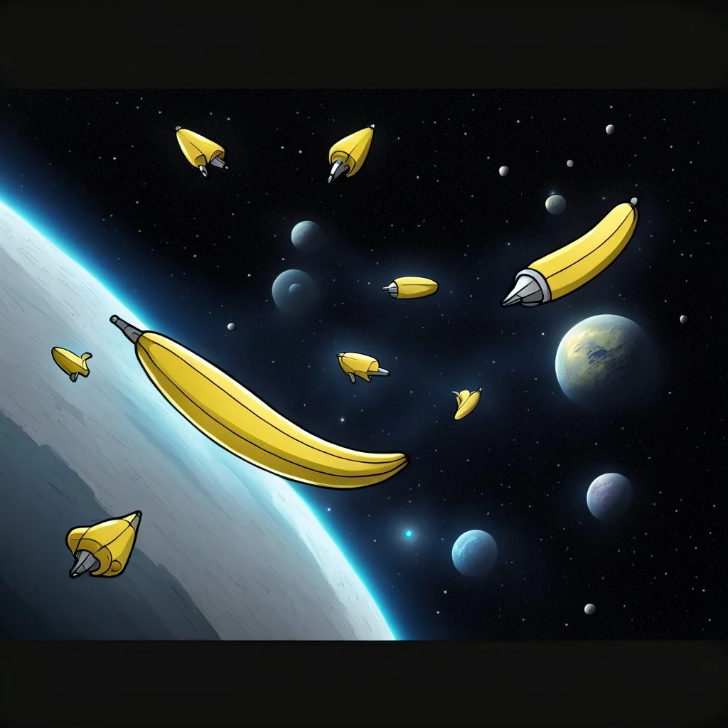 draw cartoon yellow banana as starship flying in space.