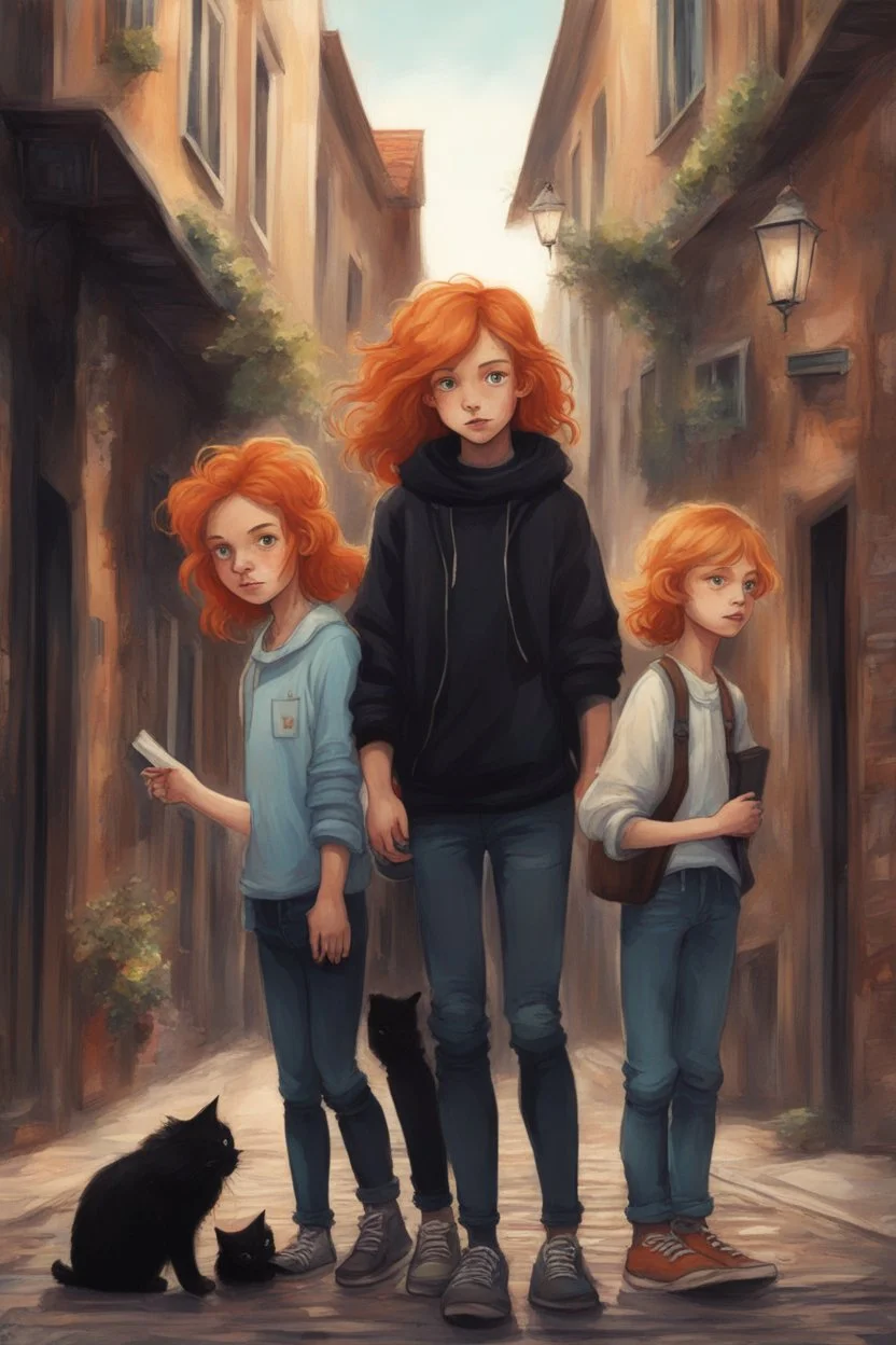 Act like a book cover designer. Use natural style. Grimmy black cat and three teenagers (13-15 years old) - two brothers with ginger hair and frickles with a brown-haired girl. Environment: old town.