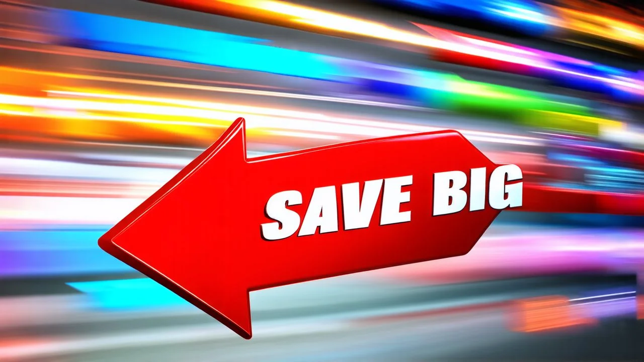 3d glossy red arrow pointing left, background motion lines and colorful blury 2d arrows racing past like Nascar. "SAVE BIG" written in front arrow