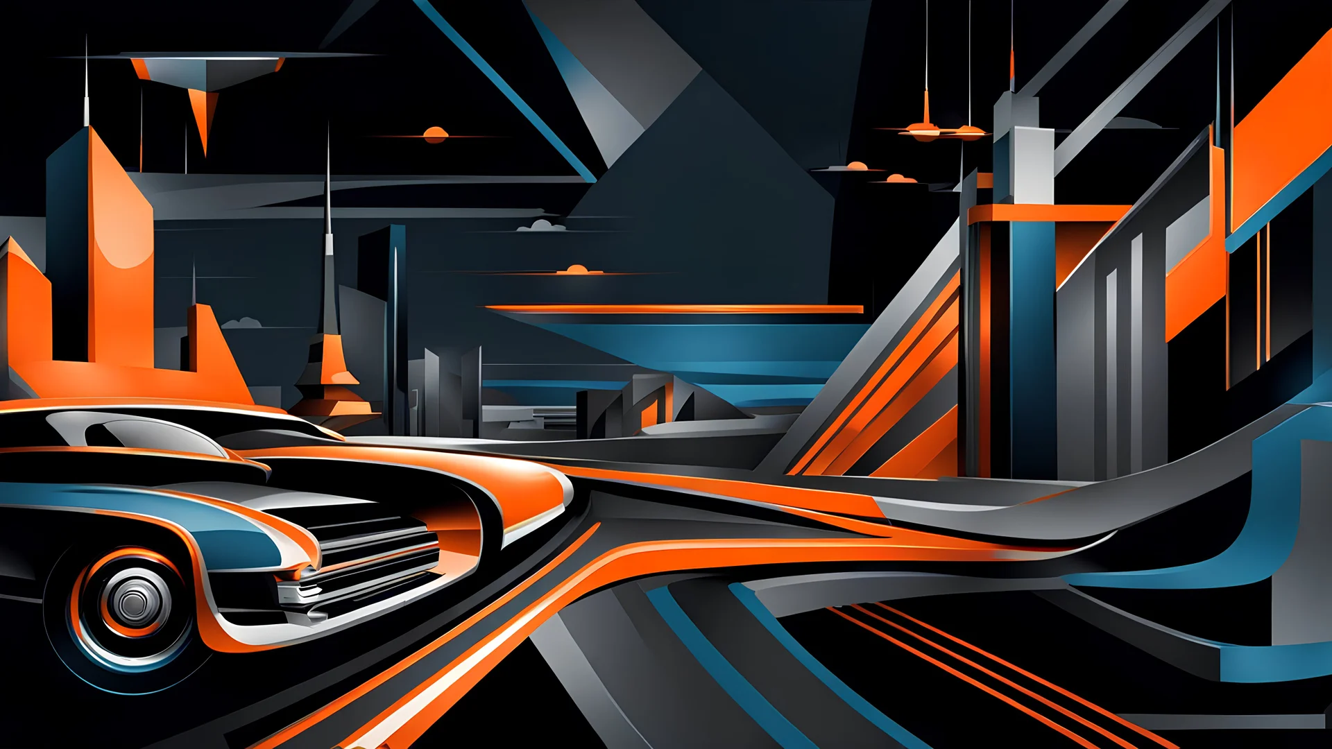 retro futurism style hustle and bustle, zipping dynamics, loop kick, deconstruct:23, colors of metallic orange and steel blue