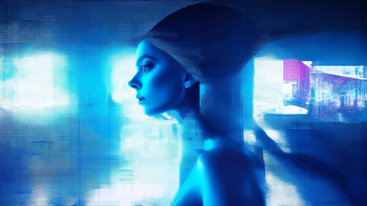 Deconstructivist architecture forming an abstract female figure, reflective metal panels, holographic advertisements projected onto cold surfaces, dramatic play of light and shadow, impossible perspective, techno-minimalist style