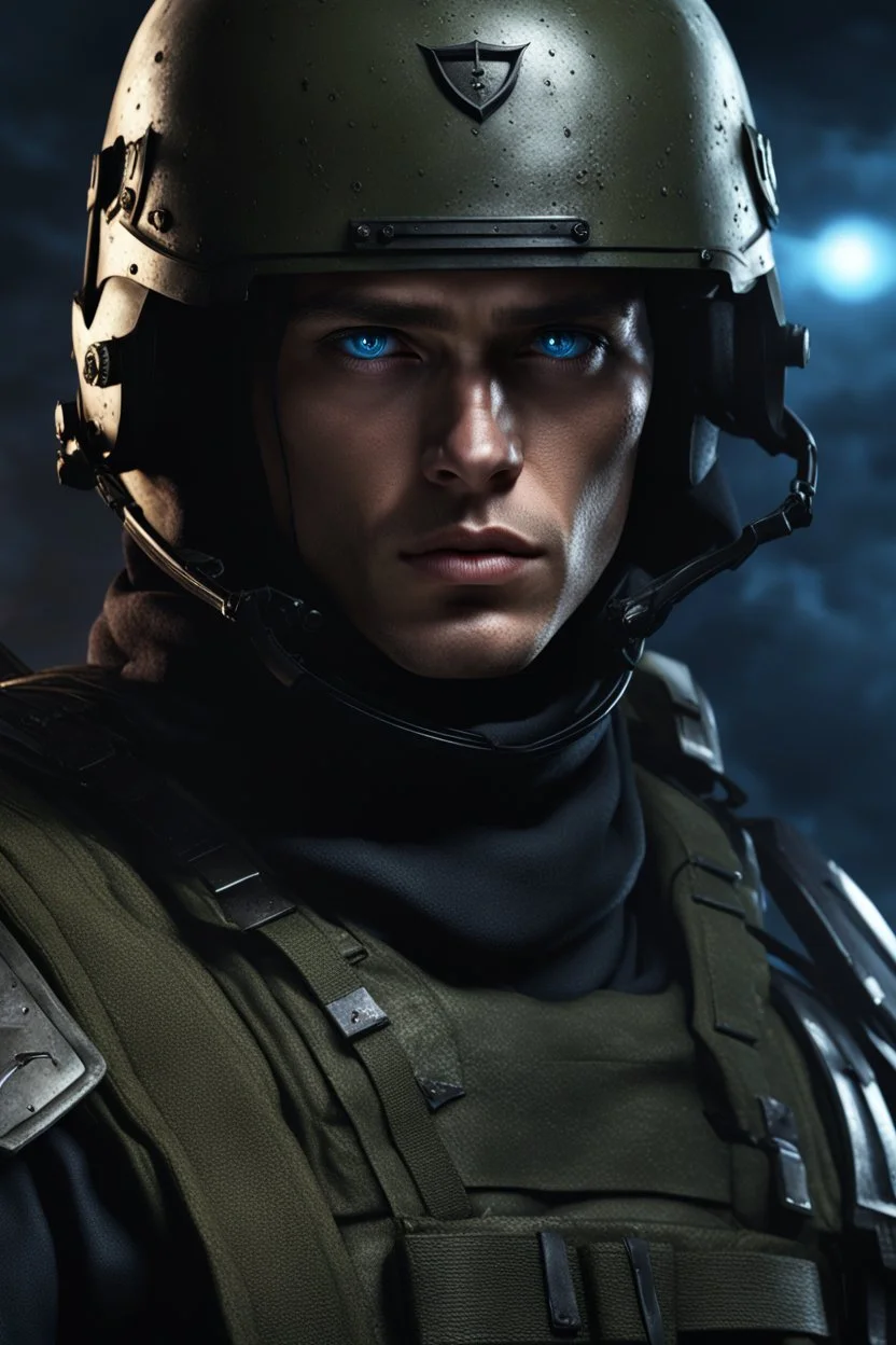 27 year old male with short dark hair and blue eyes, army combats, photorealistic, 4k, dark fantasy