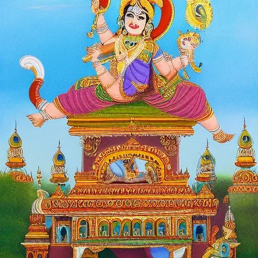 krishna riding a flying elephant over mysore palace painting