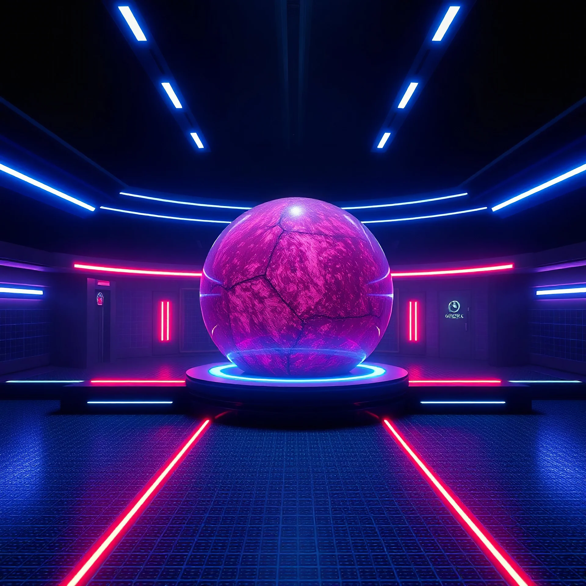 3d digital dark grid limbo blue station with sphere with cool material in unreal engine game development