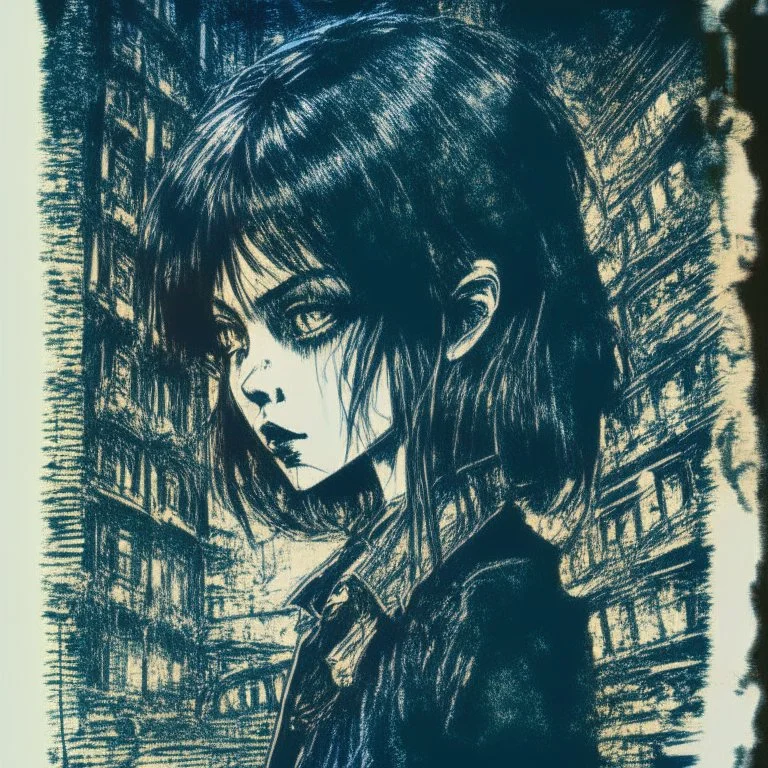 create a disturbing horror full body pen and ink sketch of a dark haired, savage, gothpunk vampire girl with highly detailed , sharply defined hair and facial features, in a dark, otherworldly London in the style of Junji Ito, precisely drawn, inked, with dramatic edges,