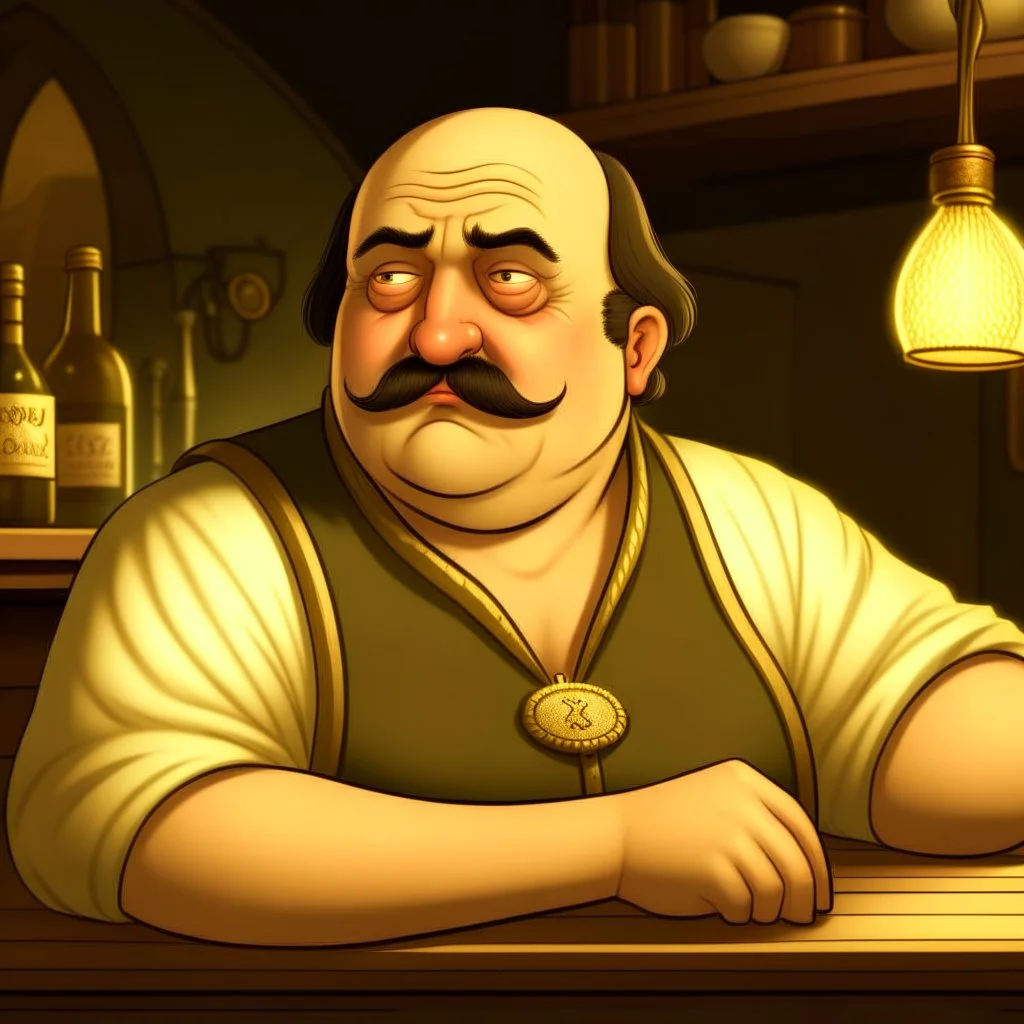 A peeved fat balding Italian man with mustache in a medieval fantasy tavern