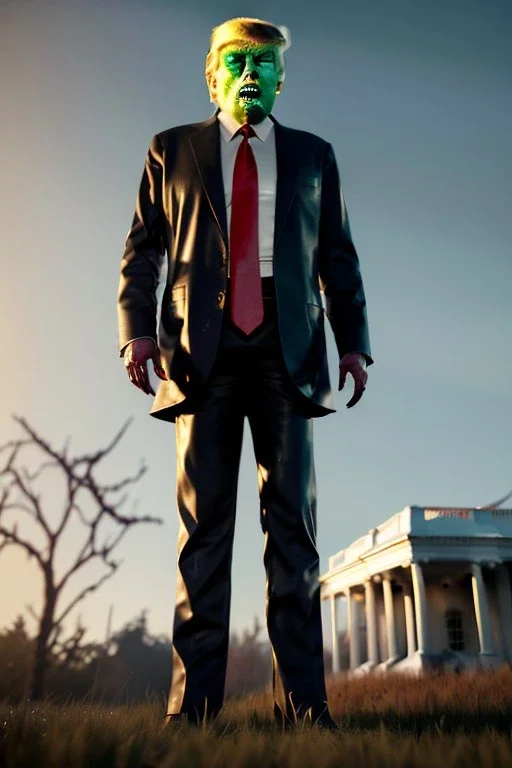 Ultra realistic image night, Donald trump zombie, zombie performance, suit, blood, torn arm, night, the walking dead style, dark ambient, highly detailed, White House background, concept art, unreal engine 5, ray tracing, RTX, focal lighting, ultra detail, volumetric lighting, 3d, finely drawn, high definition, high resolution.