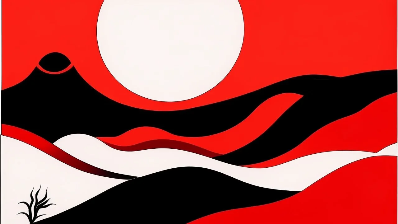 An abstract and ultra minimalist design poster by Matisse and Hokusai of a red, black and white desert landscape.