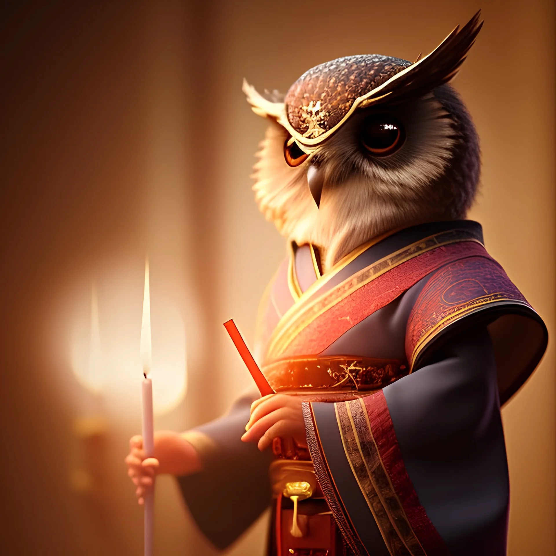 a cute litte owl wearing Hanfu, holding a large candle, BK complex detail, cinema, reality, detail, octane rendering, stoic cinematic 4k epic detailed photograph shot on kodak detailed bokeh cinematic hbo dark moody 8k, 85mm f/16 by leica