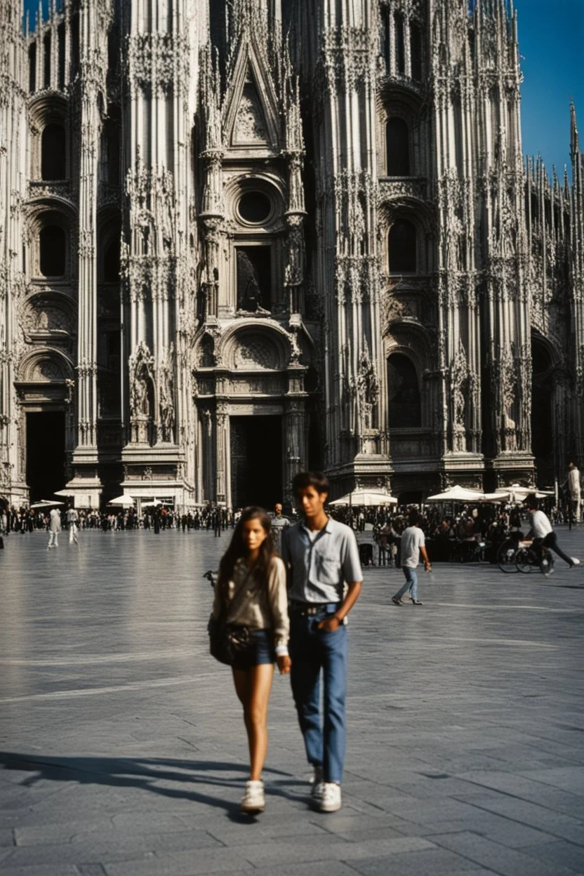 A realistic photo of a Milano in Duomo in the background, a pair of inamorato young people on the street, typically Italian, late evening, last shine of sun. Photo taken by Mamiya M645 camera with low-speed film, highly detailed, wide lens.