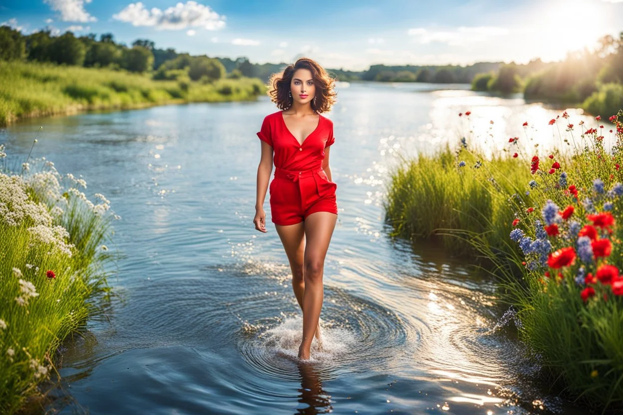 beautiful girl supper model, in nice red top ,blue short pants, with curvy hair,perfect face,perfect eyes,country side wavy narrow river ,wild flowers ,blue sky nice clouds,walk in water with splash