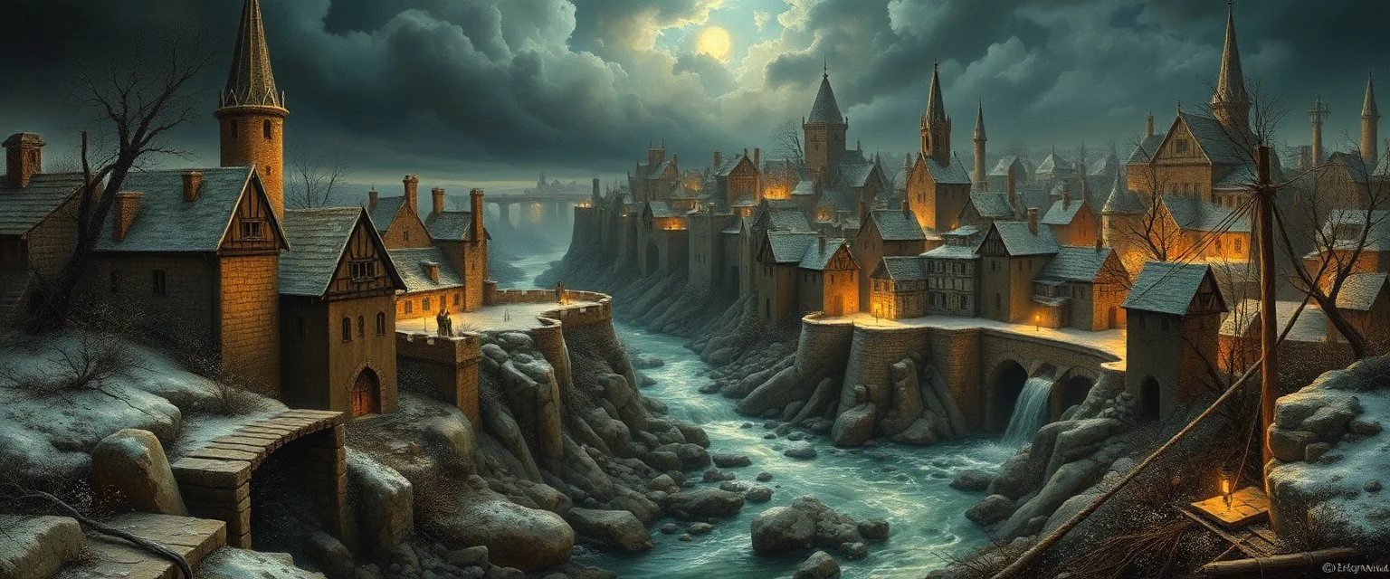 in the style of Rembrandt and Escher, During the Siege of Dorn, the city was lost, walls cracked under war and frost. A desperate mage called wild magic near, not to command it—but to let it hear. The spell went wrong in every way— the river reversed, then chose to stay. It flowed uphill through broken stone, and d