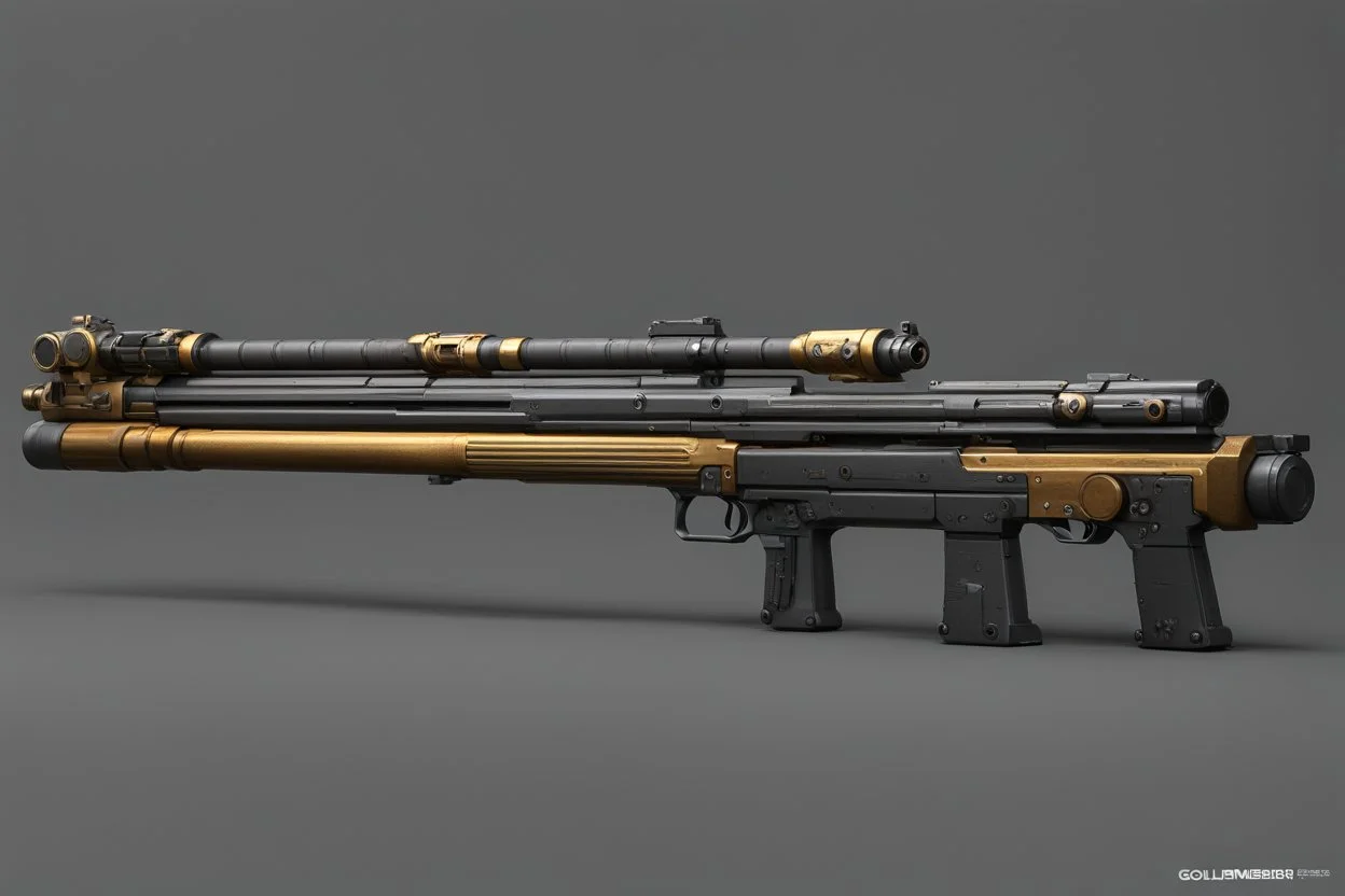 Goldmember rifle rail gun double cannon with bayonets munition belt Original concept design rendering with Blender, Substance painter, Photoshop, Marmoset toolbag 22.7k tris, 21.4k vertices, 4k textures. in a sci-fi armoury