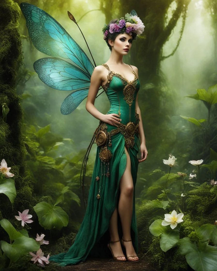 Full body Gorgeous Digital Photography Realistic full dress steampunk classic pixie flowers with a resemblance to Beautiful girl Tinkerbell, beauty sharp contrast colors,jungles background,digital skin