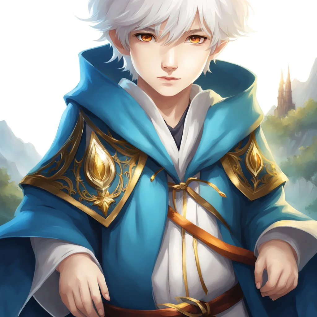 Fantasy World, A boy only wearing a closed wizards robe, and wearing a wizards hat. White Hair. Golden Eyes