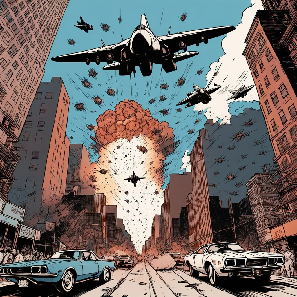 escenario de explociones en las calles e nueva york, con aviones caza volando en el cielo, con la perspectiva de abajo hacia arriba y dibujo estilo marvel comics