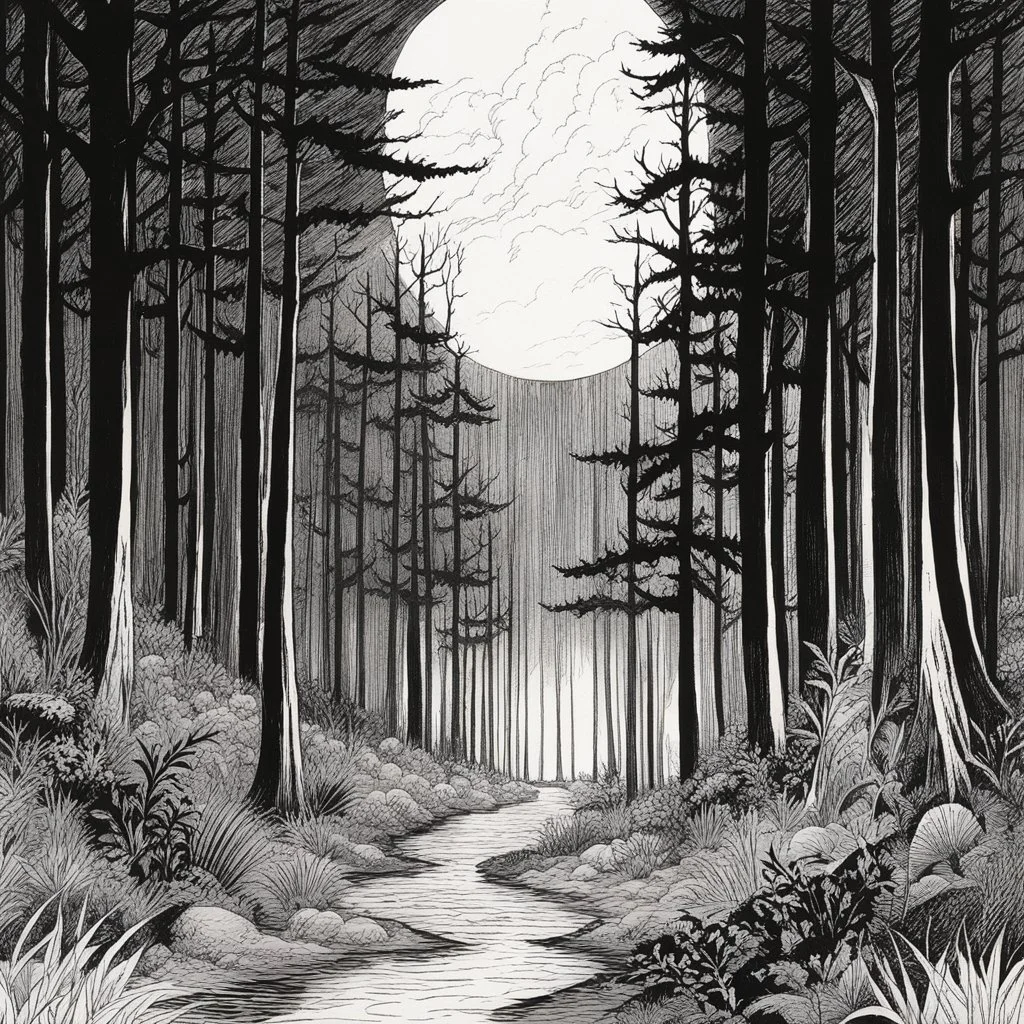 illustration by underground comix artist, Brion Gysin of: As the night wears on, Surpanakha's vengeance knows no bounds. The forest becomes a stage for her savage dance, a symphony of pain and terror. And in the end, the remnants of those who dared to challenge her lie scattered on the forest floor, a testament to her indomitable spirit. Surpanakha stands amidst the carnage, her twisted form radiating power and triumph. She has reclaimed her sanctuary, her twisted essence more potent than ever.