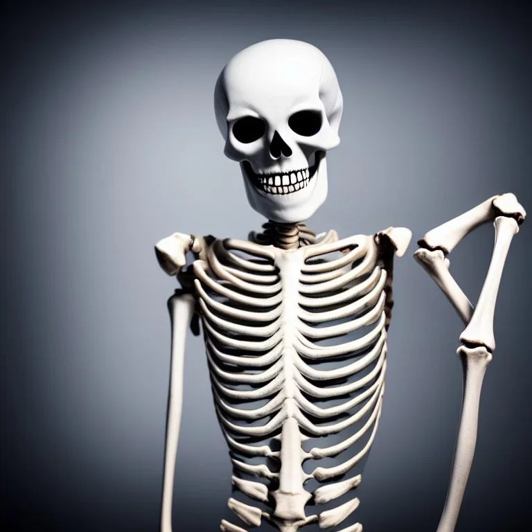 Smiling skeleton, photographer in studio. Big camera in hands. Photographic equipment, cameras, softboxes are in background. High detailed. Photorealistic. Scarry mood. volumetric lighting