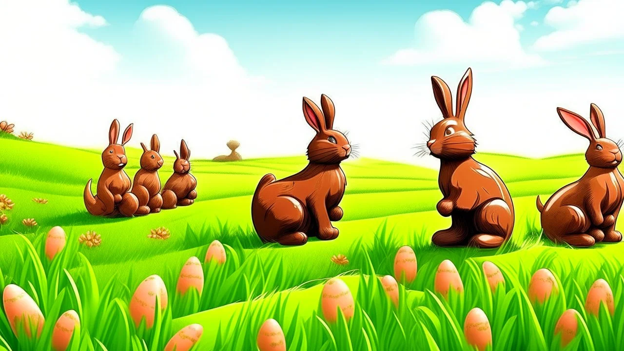 Fantasy cartoon illustration: A Trail of chocolate bunnies in the grass