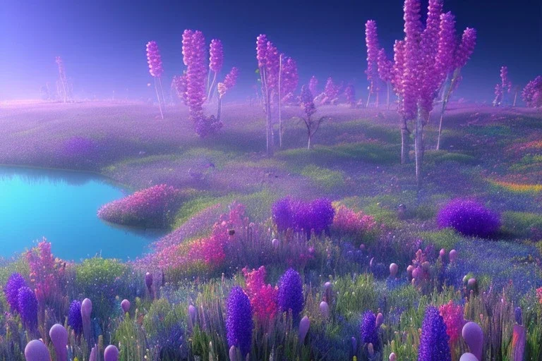 monde en fleurs bleu pink,blue lake, concept art, crépuscule , trees bleu pink violet oranger, vibrant Color, réaliste, crocus