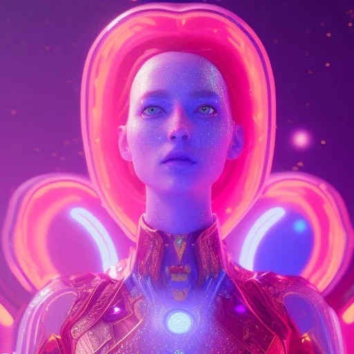 A portrait of a crystalised blue pink extraterrestrial, gold, sunny background, atmospheric, realistic, unreal engine, 8k. Cinematic lighting, octane render.