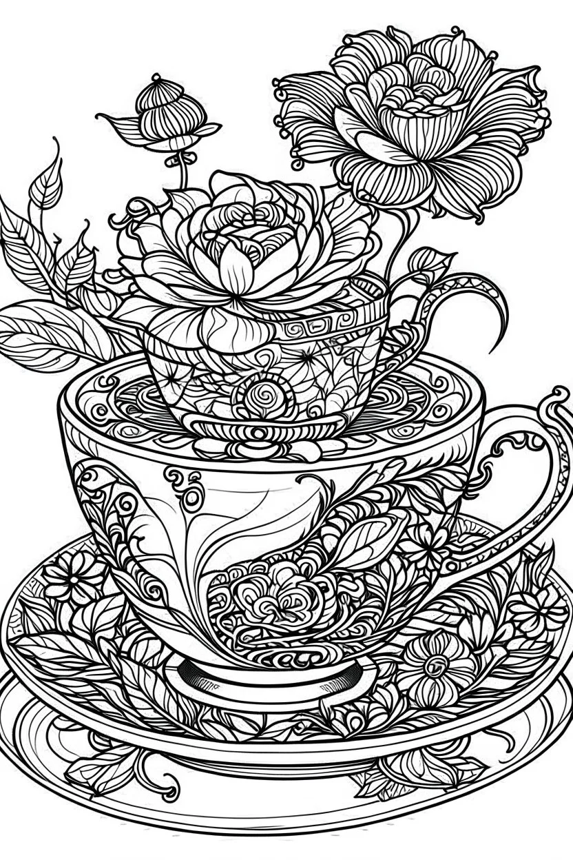 Outline art for coloring page, AVANT GARDE DRAWING ONE ENGLISH TEACUP, coloring page, white background, Sketch style, only use outline, clean line art, white background, no shadows, no shading, no color, clear