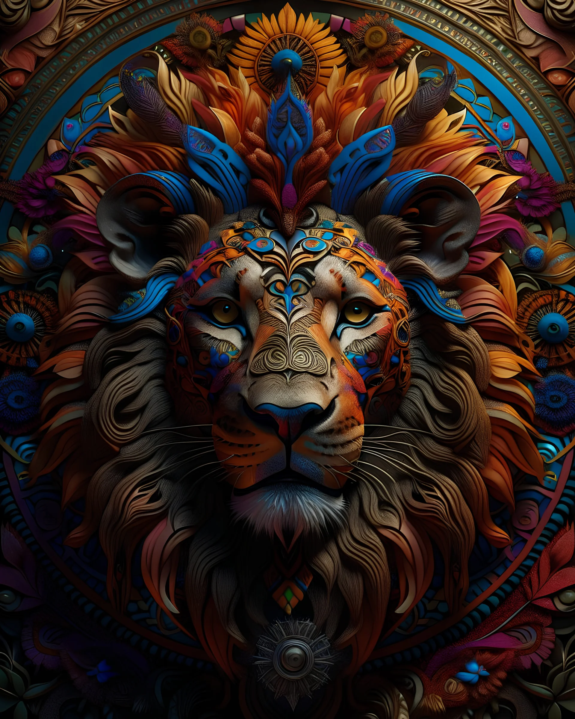 mandala lion, colorful page, coloer background, digital Art, perfect composition, beautiful detailed intricate insanely detailed octane render trending on artstation, 8 k artistic photography, photorealistic concept art, soft natural volumetric cinematic perfect light, chiaroscuro, award - winning photograph, masterpiece, oil on canvas, raphael, caravaggio, greg rutkowski, beeple, beksinski, giger, black and white still, digital Art, perfect coloer, read,green, blew,white, ((((colorful)))))