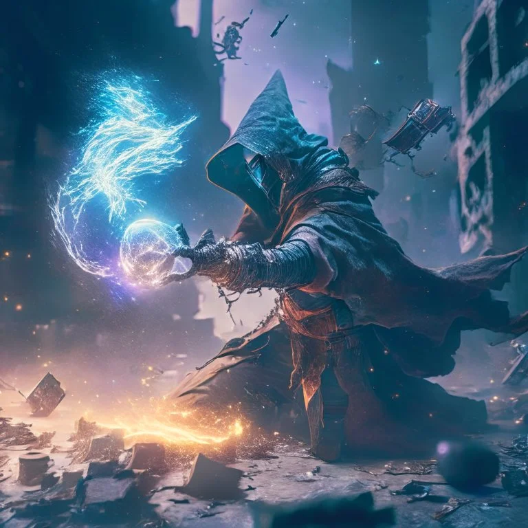 post apocalyptic space sorcerer casting spells against scavanger bandits, destroyed city, epic cinematic fight scene, 8k resolution, photorealistic, ultra detailed, macro photography