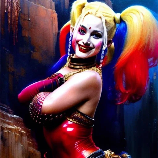 Drawing of beautiful face,'beautiful ,Busty Harley Quinn',intense stare, ancient skintight armor, balanciaga fashion clothe painting by gaston bussiere, greg rutkowski, yoji shinkawa, yoshitaka amano, tsutomu nihei, donato giancola, tim hildebrandt, Oil on canvas, cinematic composition, extreme detail,fit full head inside picture,16k