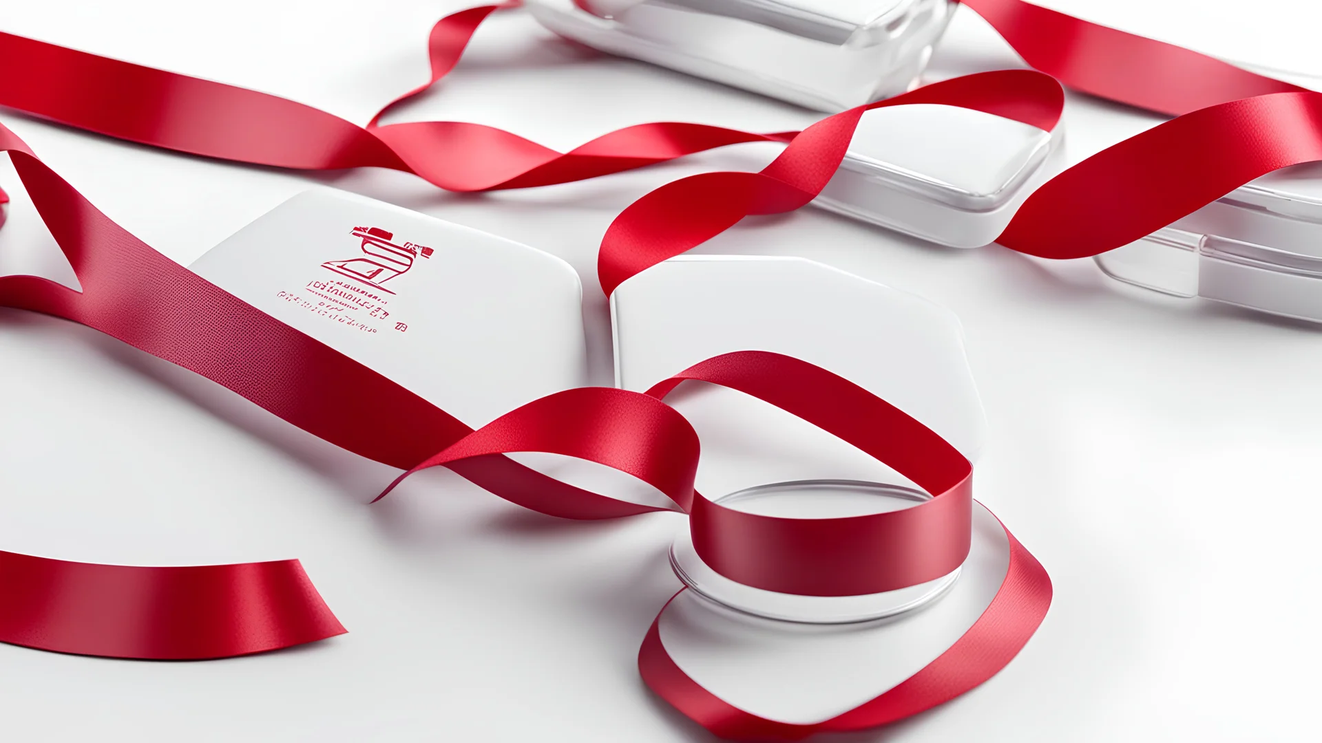 white background, red medical tablets, red ribbon