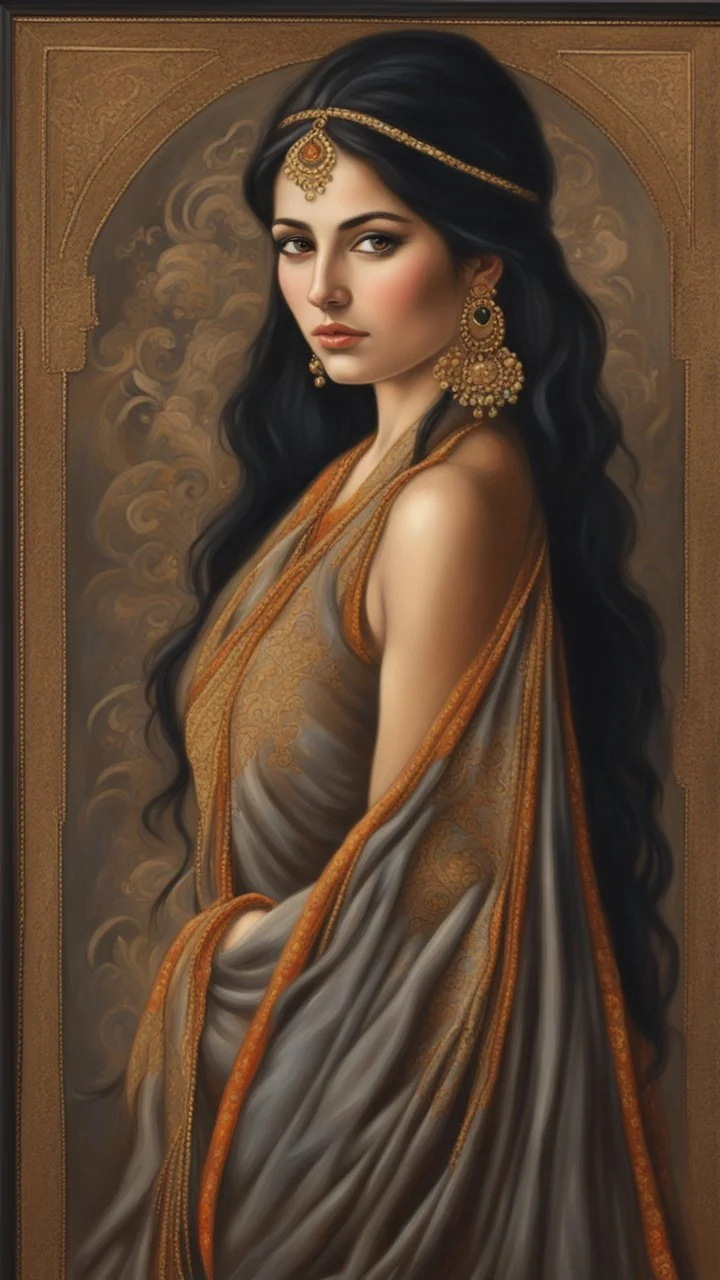 A stunningly radiant Persian woman, her face exudes timeless beauty and grace. Captured in a mesmerizing oil painting, every brushstroke delicately portrays her luminous complexion, enchanting brown eyes, and cascading raven-black hair. The artist's attention to detail brings out the intricate patterns of her traditional attire, adorned with vibrant colors and ornate gold embroidery. This exquisite portrait is a testament to the meticulous craftsmanship and expert artistry, transporting viewers